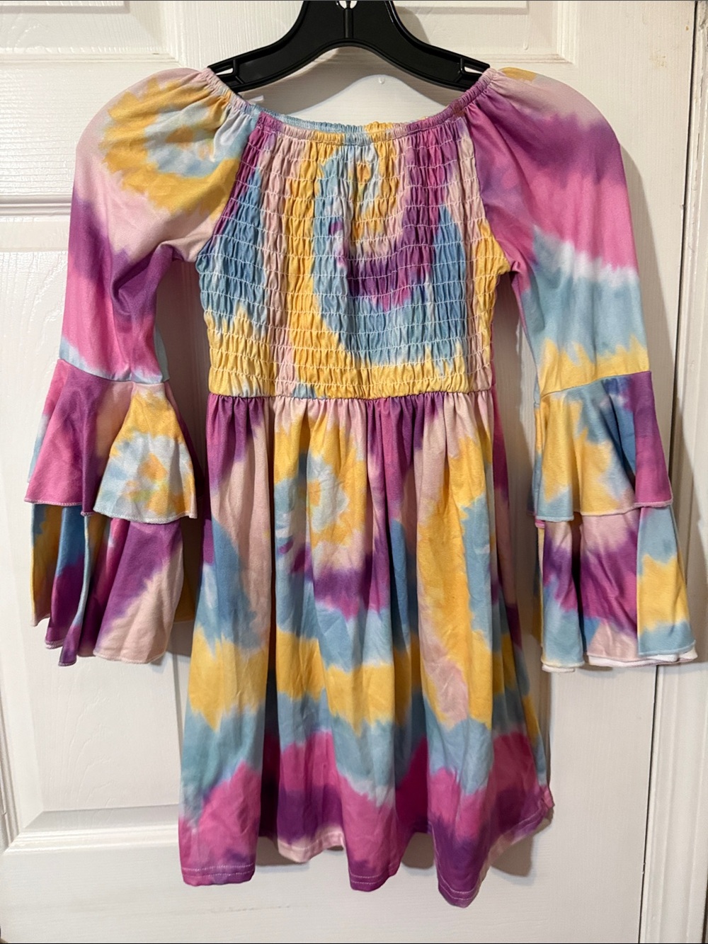 Girls' Tie-Dye Smocked Dress with Double Bell Sleeves - Pink, Yellow & Blue